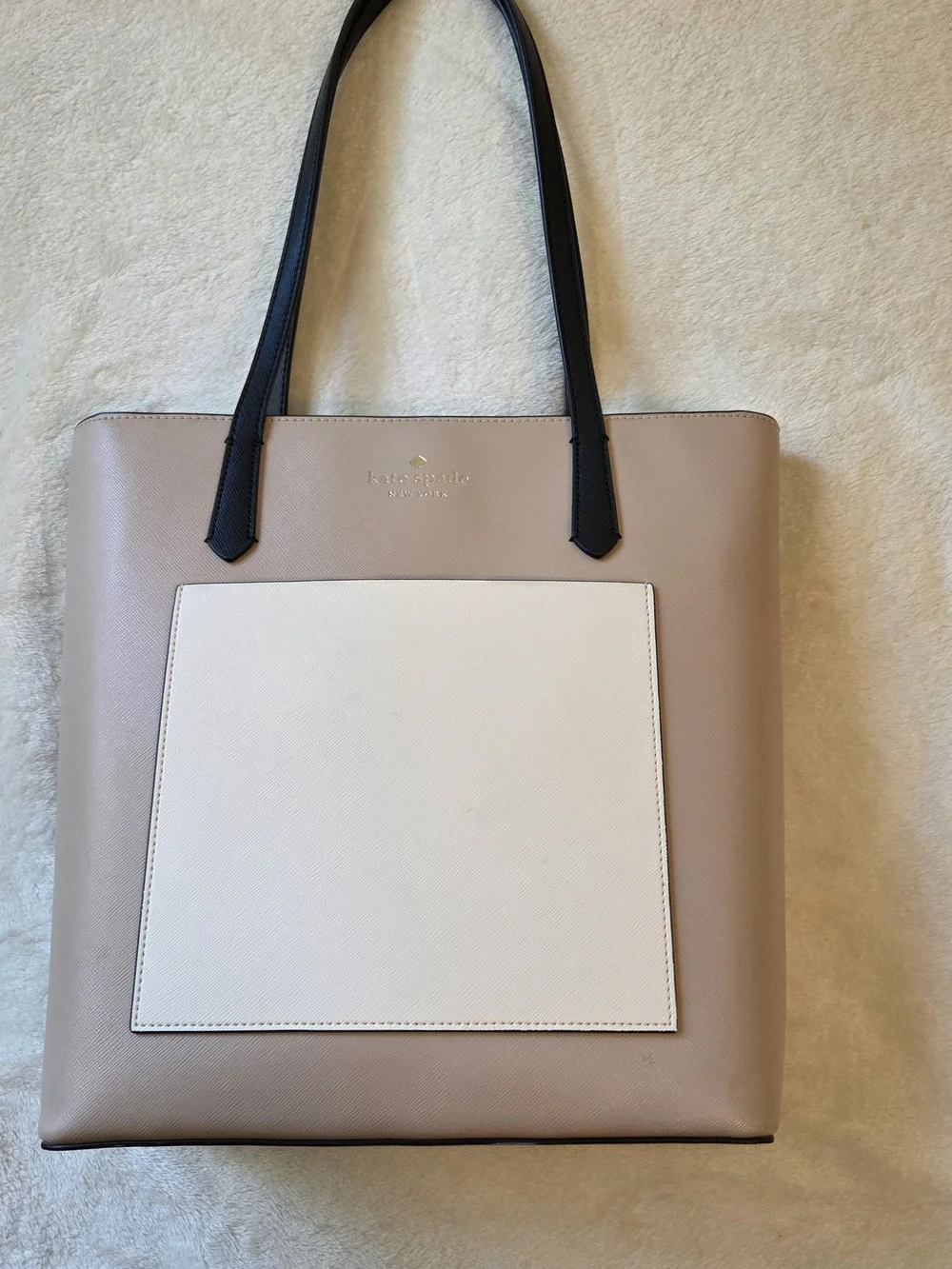 Kate Spade Saffiano Leather Colorblock Tote Bag Beige White Black Work Carryall
